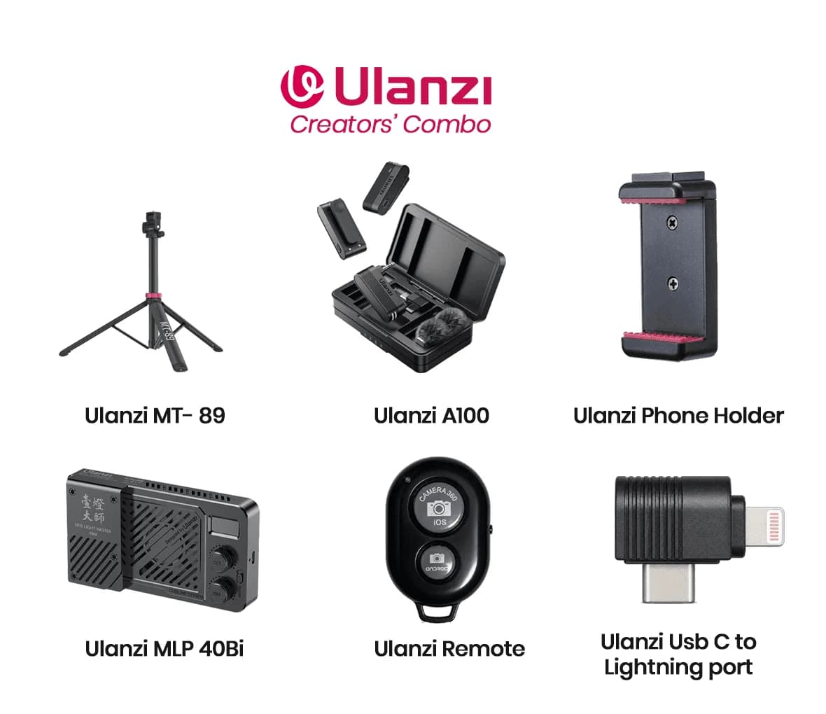 Ulanzi Ultimate Smartphone Content Creator Kit MT-89 Tripod 40W P40Bi Light ST-07 Phone Holder & A100 Wireless Mic Bundle