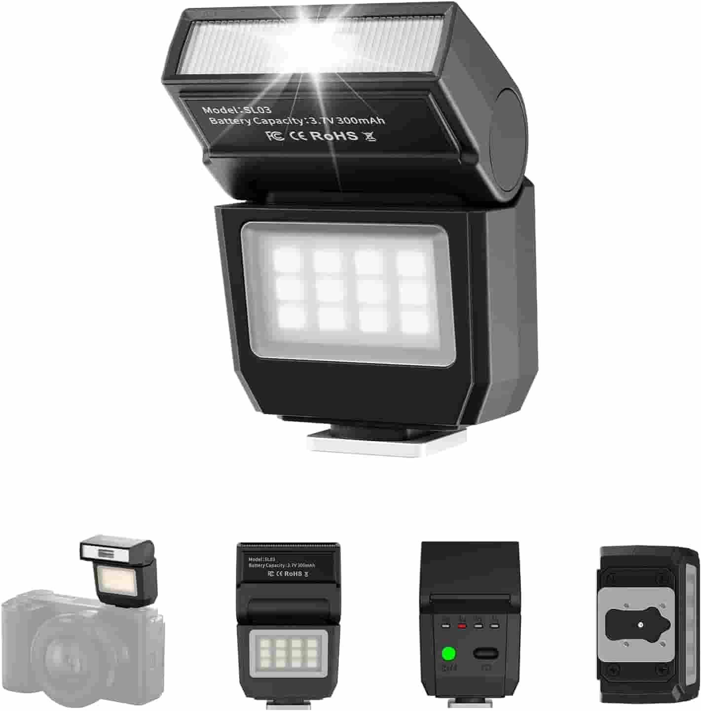 Ulanzi SL03 Spark Lite Camera Flash (Black) – 90° Tiltable Mini Speedlite & Focus Light for Canon, Sony, Nikon, & Fuji